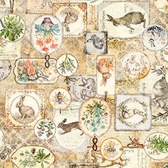 Bunny Collage in tan from the Hunny Bunny collection by QT Fabrics continuous cuts of Quilter's Cotton Fabric