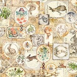 Bunny Collage in tan from the Hunny Bunny collection by QT Fabrics continuous cuts of Quilter's Cotton Fabric