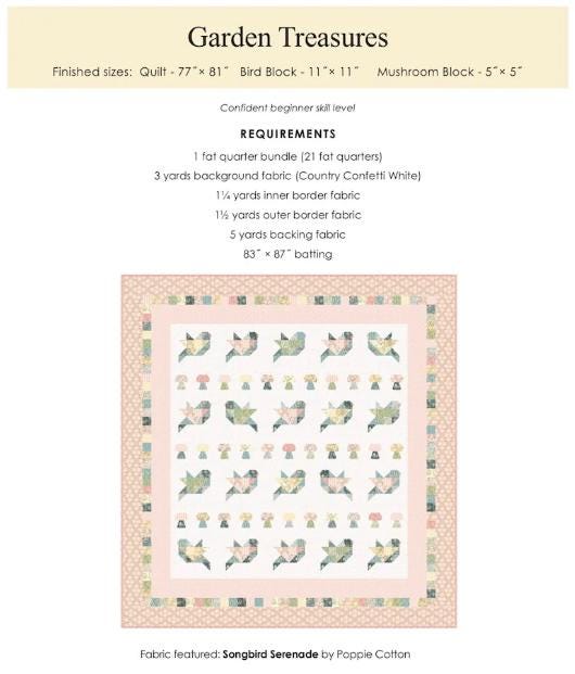 Garden Treasures Quilt pattern by Poppie Cotton. Directions for a fat quarter friendly 77" x 81" quilt.