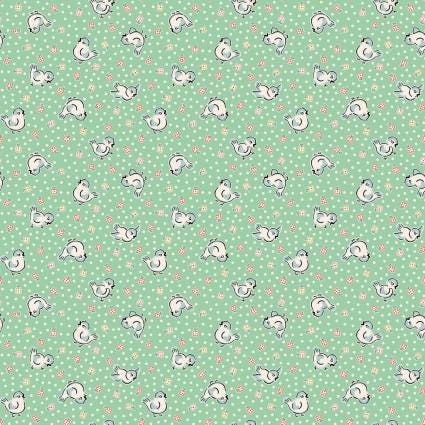 Bluebirds in Green from Home Sweet Home by Poppie Cotton continuous cuts of Quilter's Cotton Fabric