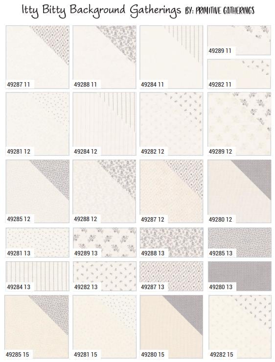 Itty Bitty Background Gatherings by Primitive Gatherings for Moda Fabrics. Quilter's Cotton Mini Charm Pack of 42 2.5 x 2.5 inch squares