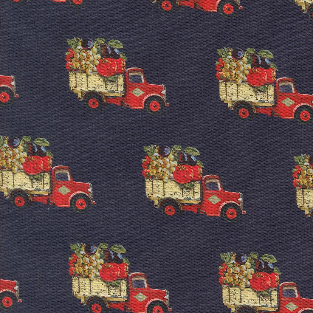 Farm To Market Novelty Trucks in Indigo from Farm and Garden by Cathe Holden for Moda. Continuous cuts of Quilter's Cotton