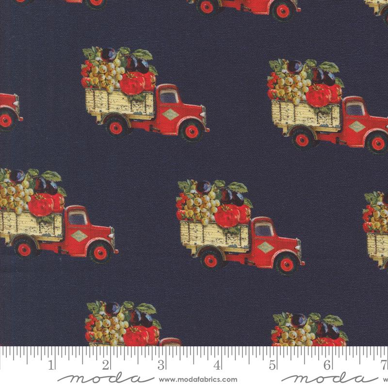 Farm To Market Novelty Trucks in Indigo from Farm and Garden by Cathe Holden for Moda. Continuous cuts of Quilter's Cotton
