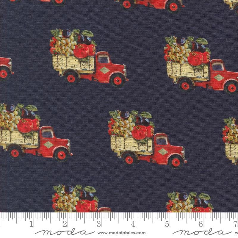 Farm To Market Novelty Trucks in Indigo from Farm and Garden by Cathe Holden for Moda. Continuous cuts of Quilter's Cotton