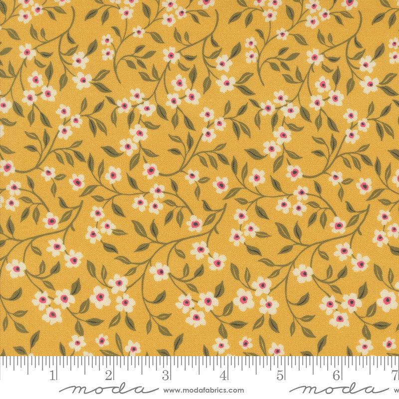Sagewood Dogwood Small Floral in Sunshine by Crystal Manning for Moda. Continuous cuts of Quilter's Cotton Fabric