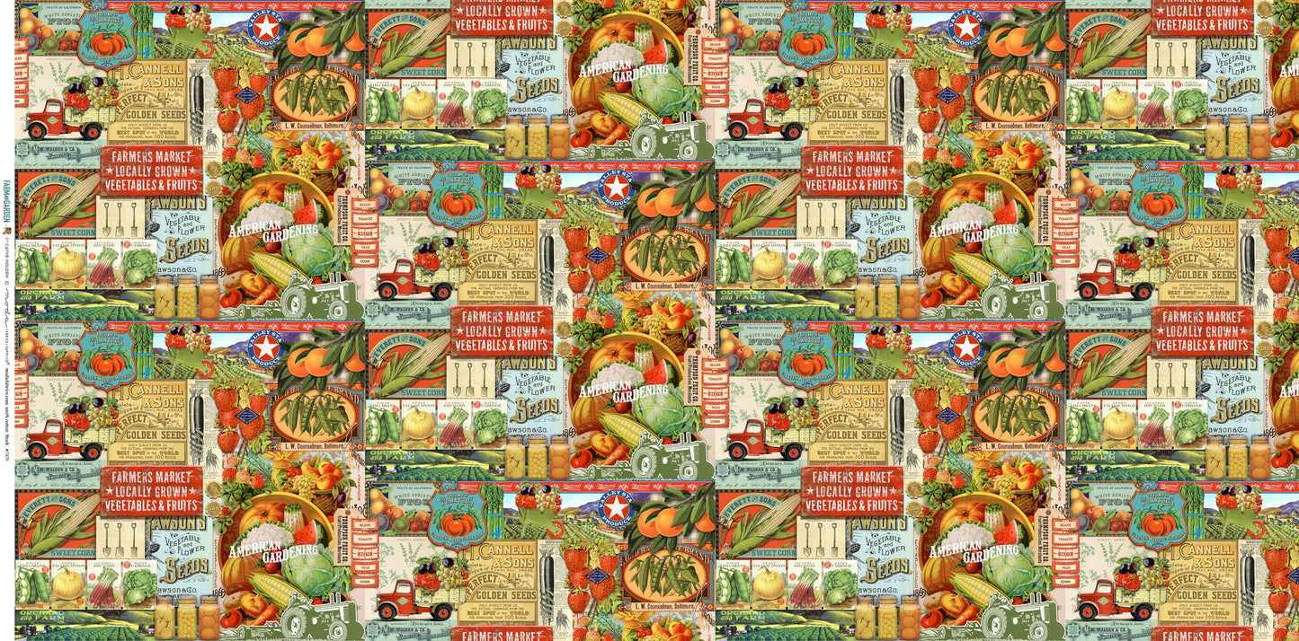 Novelty Collage Farm Vegetables in Garden from Farm and Garden by Cathe Holden for Moda. Continuous cuts of Quilter's Cotton