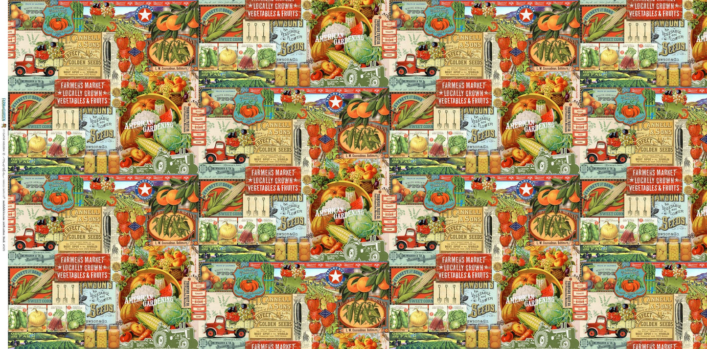 Novelty Collage Farm Vegetables in Garden from Farm and Garden by Cathe Holden for Moda. Continuous cuts of Quilter's Cotton