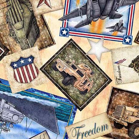 Military Collage from the Patriot collection by QT Fabrics Panel cuts of Quilter's Cotton Fabric