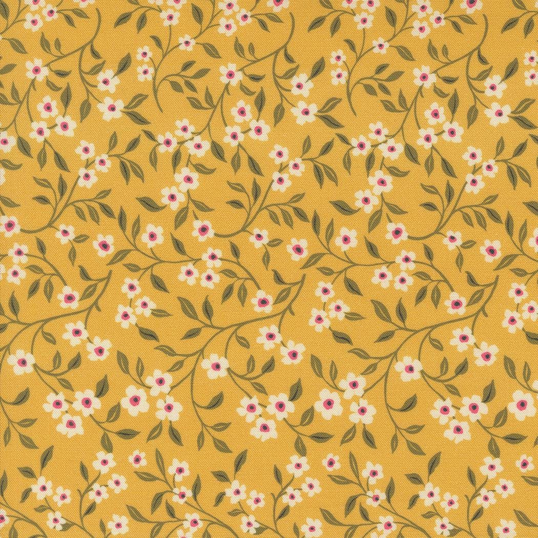 Sagewood Dogwood Small Floral in Sunshine by Crystal Manning for Moda. Continuous cuts of Quilter's Cotton Fabric