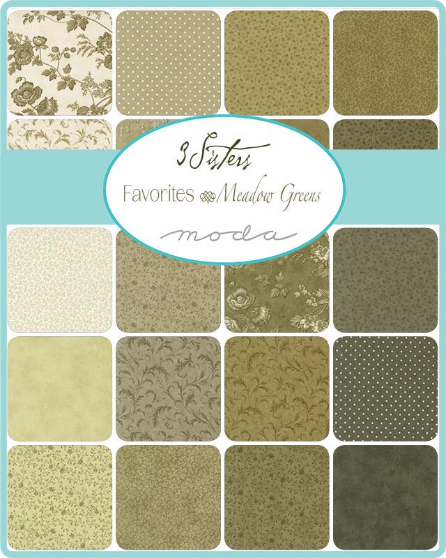 3 Sisters Favorites Vintage Linens Meadow Greens for Moda Fabrics. Quilter's Cotton Strips 40 piece collection of 2.5 inch by 44 inch strips
