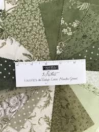 3 Sisters Favorites Vintage Linens Meadow Greens Poetic Vines Blenders in Rosemary for Moda. Continuous cuts of Quilter's Cotton