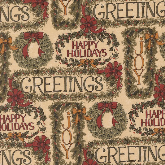 Greetings Christmas in Tan by Kansas Troubles for Moda Fabrics. Continuous cuts of Quilter's Cotton Fabric