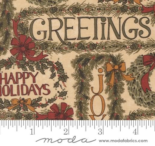 Greetings Christmas in Tan by Kansas Troubles for Moda Fabrics. Continuous cuts of Quilter's Cotton Fabric