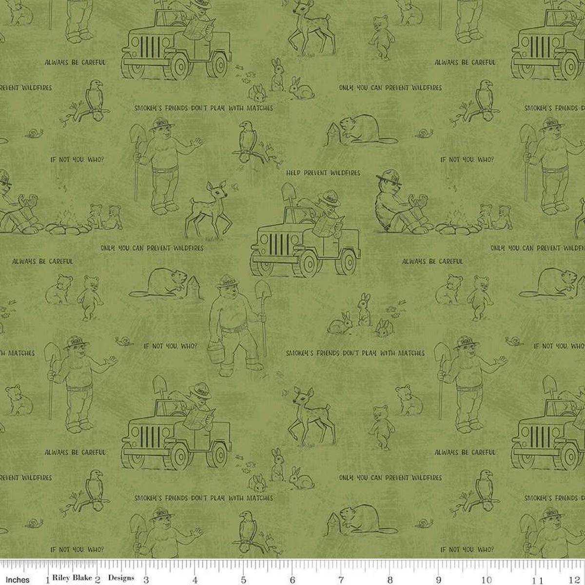 Friends of Smokey Bear Outlines in Grass Green by Riley Blake Designs. Continuous Cuts of Quilter's Cotton fabric.