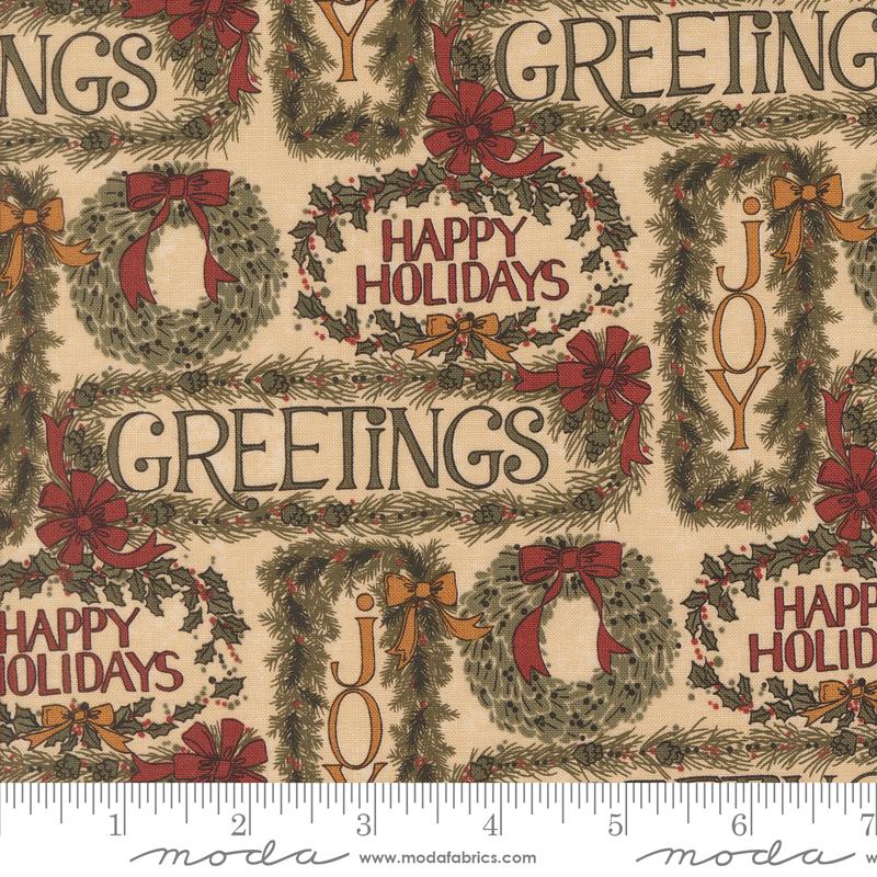 Greetings Christmas in Tan by Kansas Troubles for Moda Fabrics. Continuous cuts of Quilter's Cotton Fabric