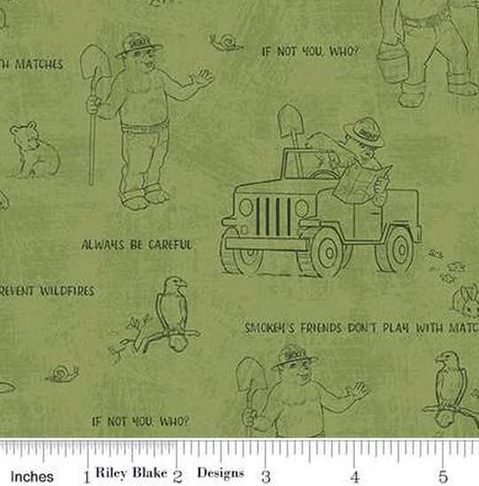 Friends of Smokey Bear Outlines in Grass Green by Riley Blake Designs. Continuous Cuts of Quilter's Cotton fabric.