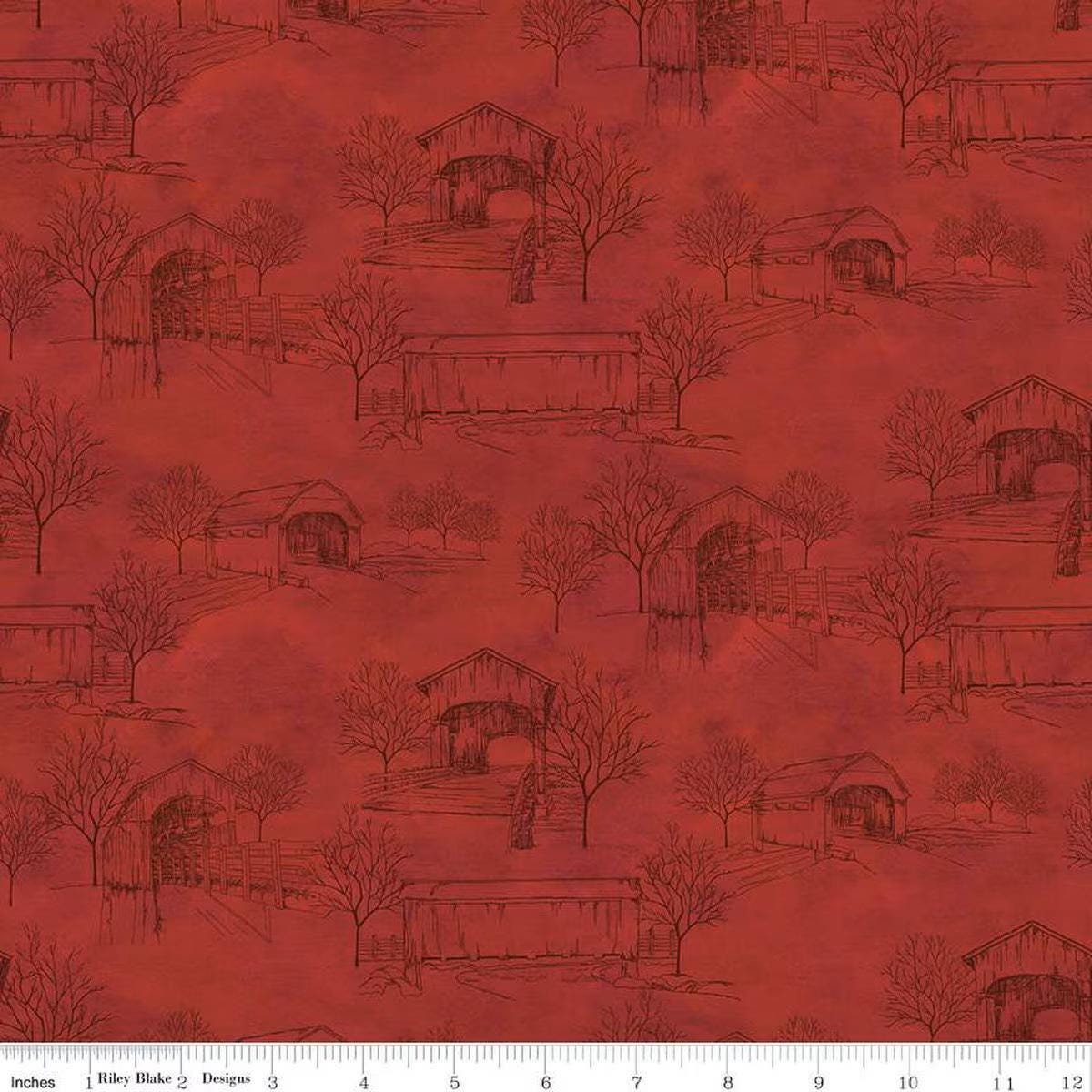Covered Bridges in Fall Toile in Red by Tara Reed for Riley Blake Designs. Continuous Cuts of Quilter's Cotton fabric.