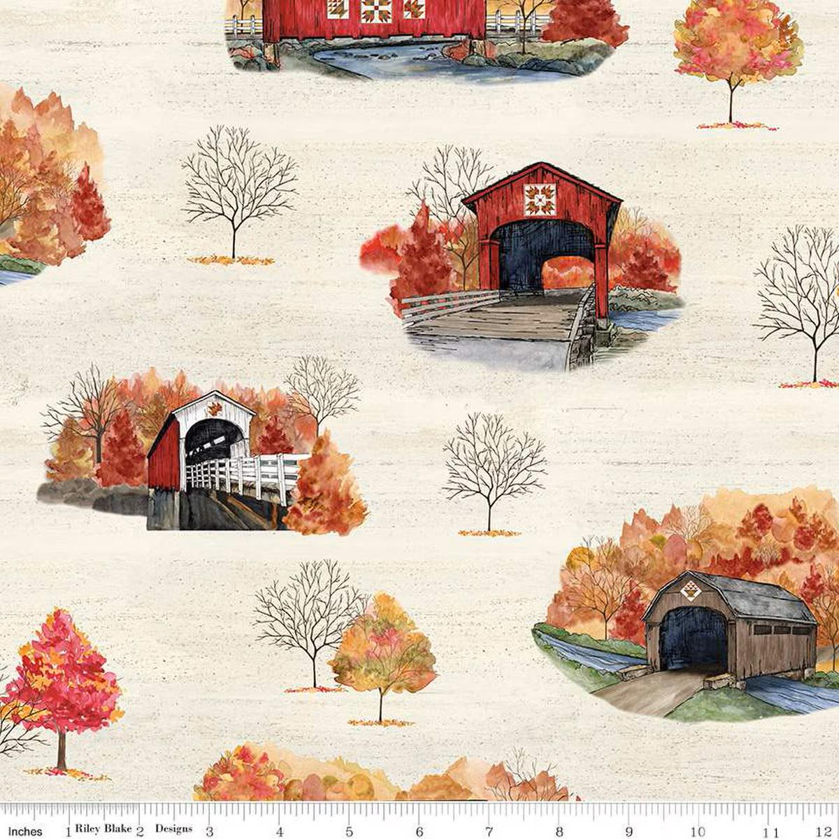 Covered Bridges in Fall Main in Cream by Tara Reed for Riley Blake Designs. Continuous Cuts of Quilter's Cotton fabric.