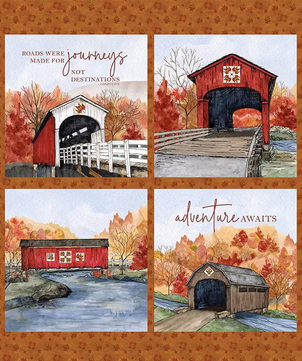 Covered Bridges in Fall Pillow Panel by Tara Reed for Riley Blake Designs. 35.5 inch x 43 inch panel of 100% Quilter's Cotton