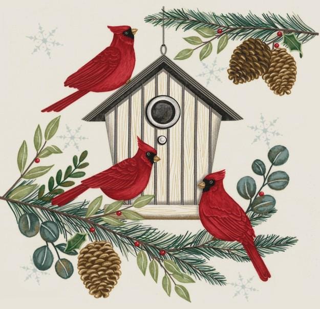 Winter Friends Panel 24" x 44" Snowman Cardinals Christmas Trees Pine in Snowy White by Deb Strain for Moda Quilter's Cotton Fabric Panel