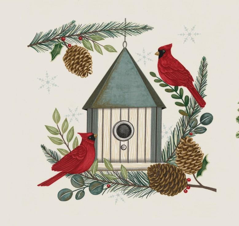 Winter Friends Panel 24" x 44" Snowman Cardinals Christmas Trees Pine in Snowy White by Deb Strain for Moda Quilter's Cotton Fabric Panel