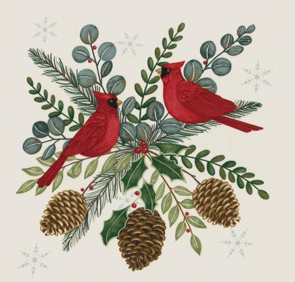 Winter Friends Panel 24" x 44" Snowman Cardinals Christmas Trees Pine in Snowy White by Deb Strain for Moda Quilter's Cotton Fabric Panel