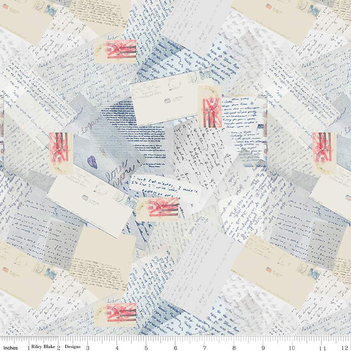 Wide Back Letters From Home in Vintage Blue by Vicki Gifford for Riley Blake Designs. continuous cuts of Quilter's Cotton 108" Fabric