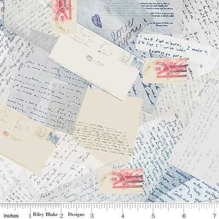 Wide Back Letters From Home in Vintage Blue by Vicki Gifford for Riley Blake Designs. continuous cuts of Quilter's Cotton 108" Fabric