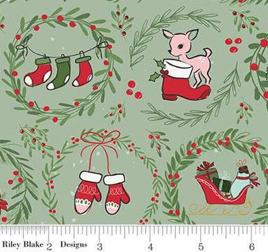 Mistletoe & Holly Wreaths in Sage by Beverly McCullough for Riley Blake Designs. Continuous Cuts of Quilter's Cotton fabric
