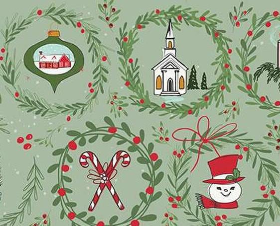 Mistletoe & Holly Wreaths in Sage by Beverly McCullough for Riley Blake Designs. Continuous Cuts of Quilter's Cotton fabric