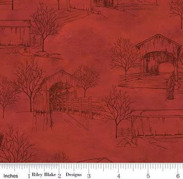 Covered Bridges in Fall Toile in Red by Tara Reed for Riley Blake Designs. Continuous Cuts of Quilter's Cotton fabric.