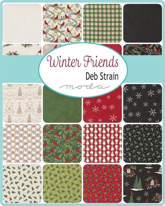 Winter Friends Panel 24" x 44" Snowman Cardinals Christmas Trees Pine in Snowy White by Deb Strain for Moda Quilter's Cotton Fabric Panel