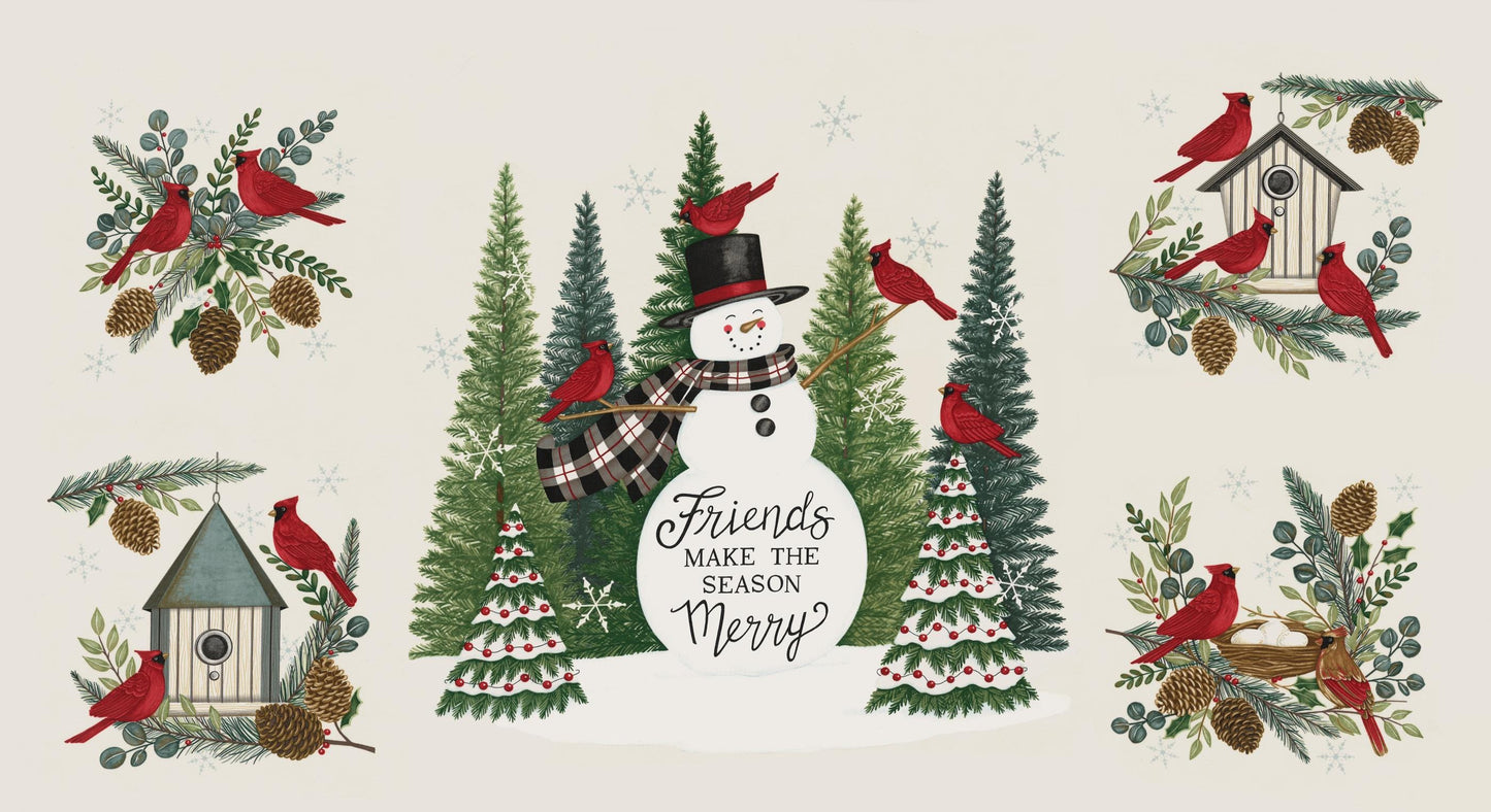 Winter Friends Panel 24" x 44" Snowman Cardinals Christmas Trees Pine in Snowy White by Deb Strain for Moda Quilter's Cotton Fabric Panel