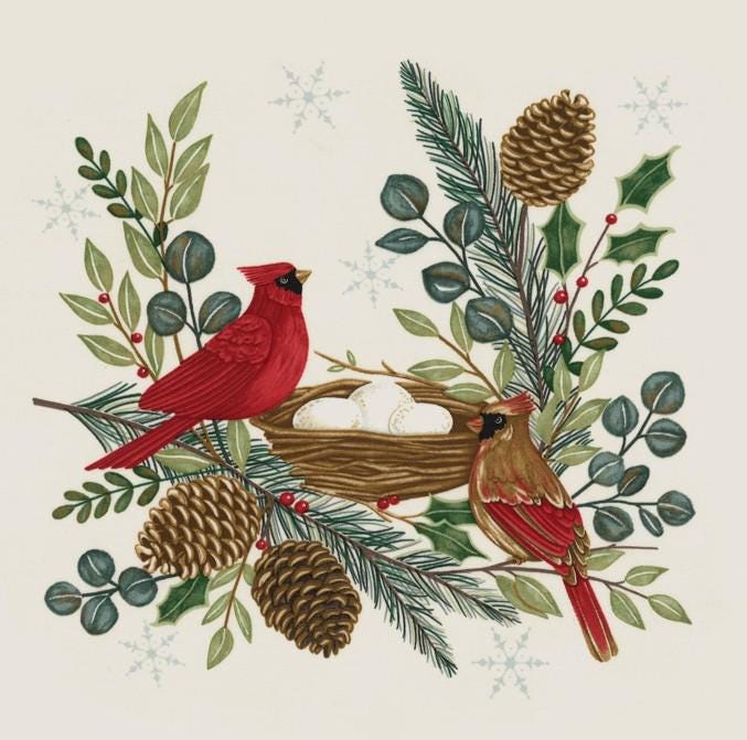Winter Friends Panel 24" x 44" Snowman Cardinals Christmas Trees Pine in Snowy White by Deb Strain for Moda Quilter's Cotton Fabric Panel