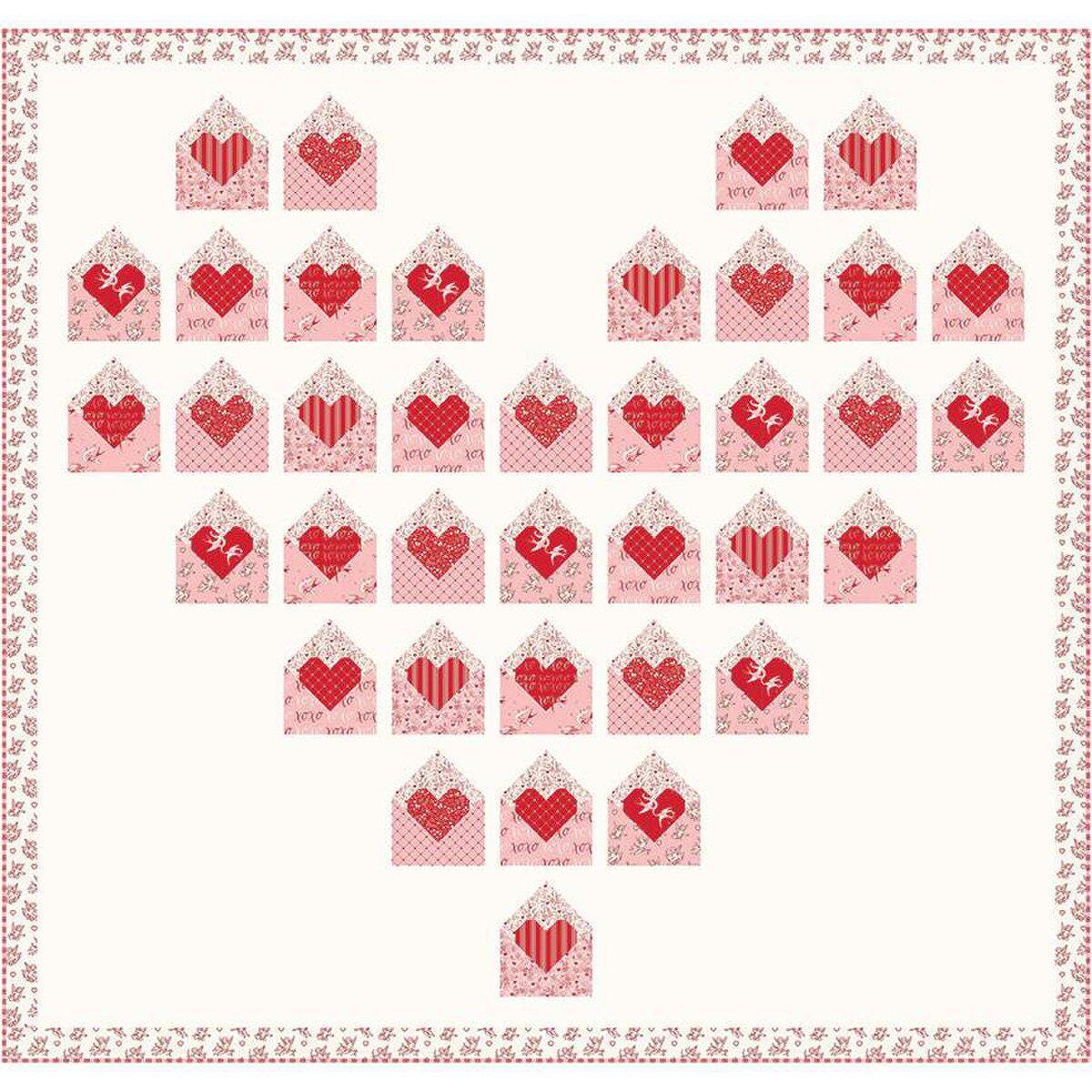 Pen Pals Quilt Pattern by Wendy Sheppard for 70" x 66 1/2" heart envelope Valentin's Day quilt.