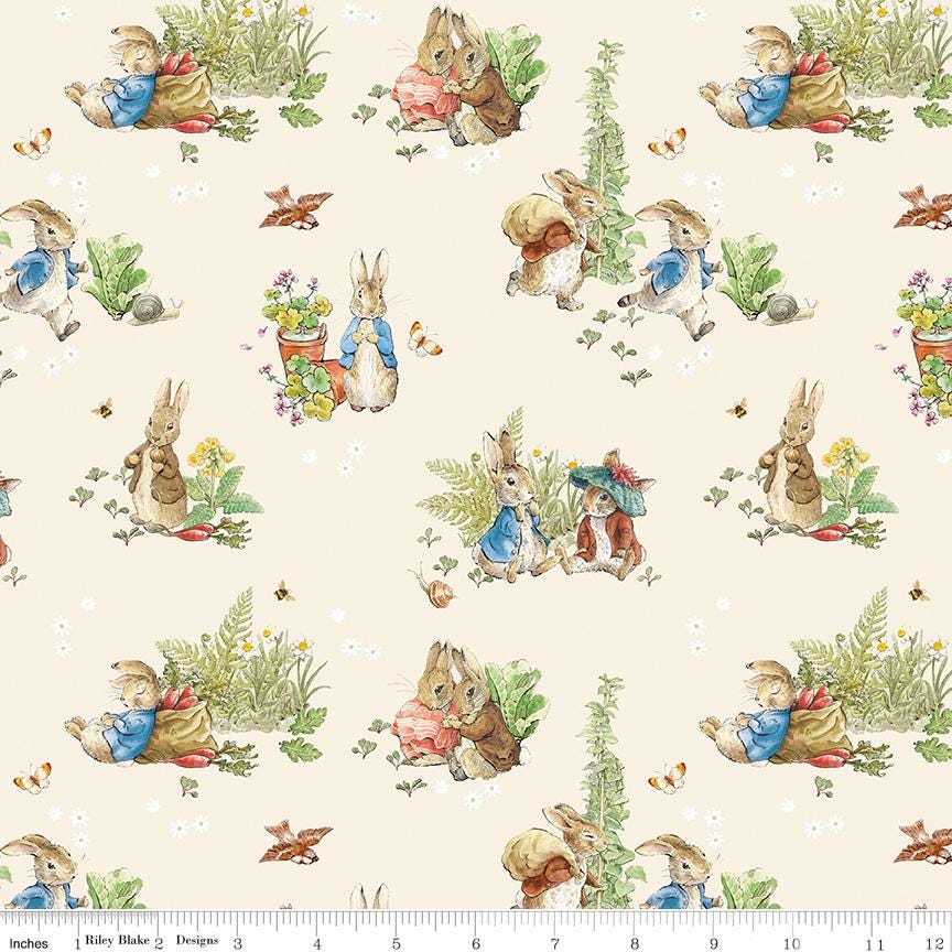 Peter Rabbit & Benjamin Bunny Main in Cream for Riley Blake Designs. Continuous Cuts of Quilter's Cotton fabric.