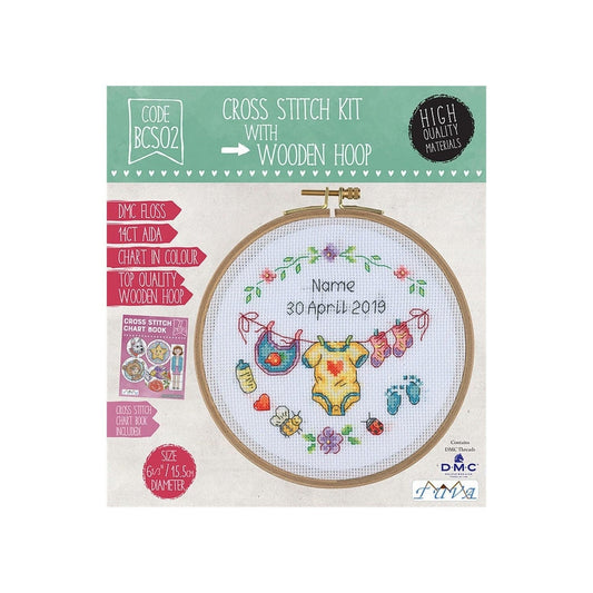 Baby Clothesline Counted Cross Stitch Kit with DMC Floss and Wooden Hoop by Tuva