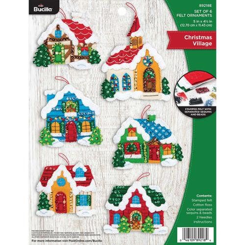 Christmas Village Felt Ornament kit by Bucilla. Easy to make 6 different beaded, sequined ornaments. Made in the USA