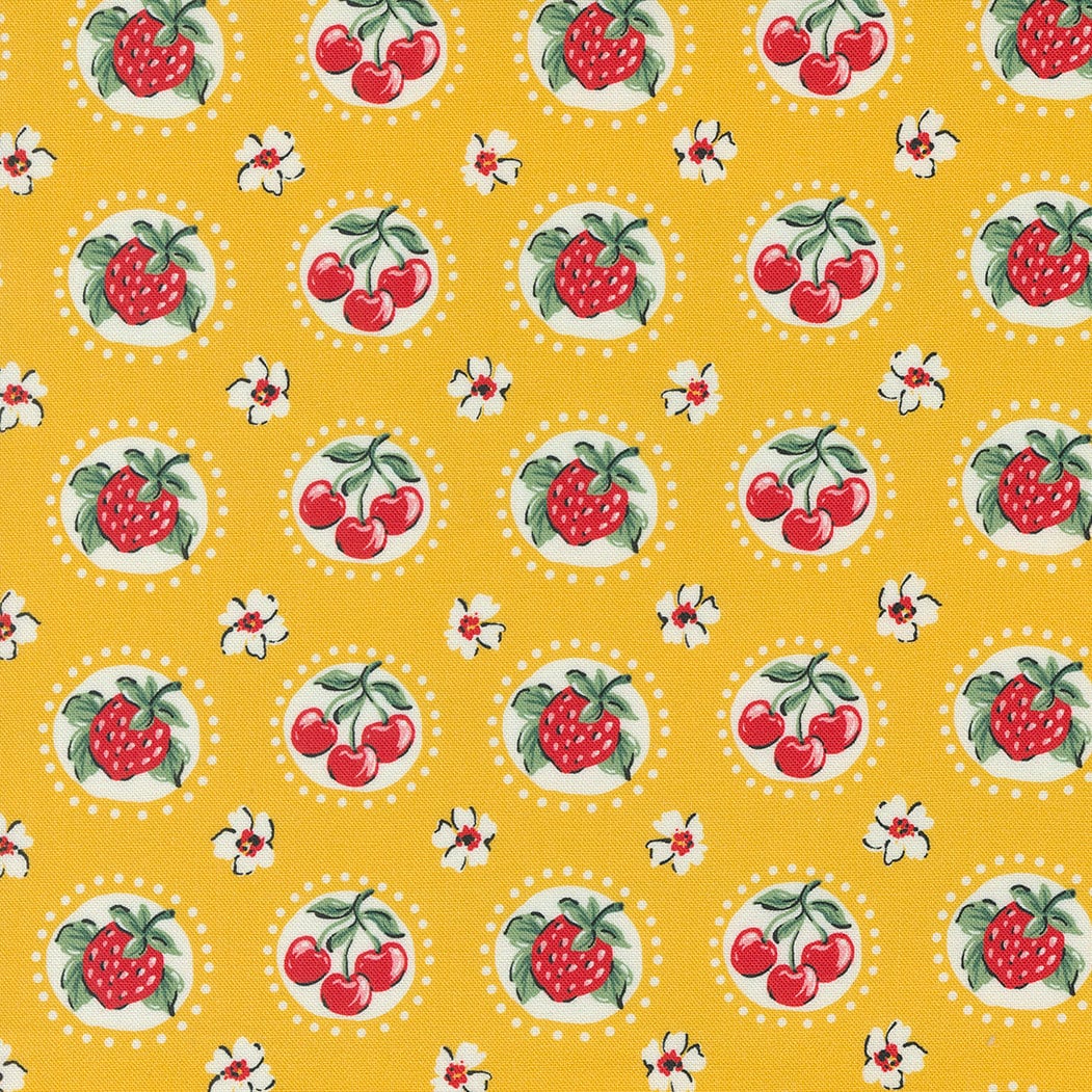 Julia Shortcake Novelty Cherry Strawberry Flower in Lemon Zest by Crystal Manning for Moda. Continuous cuts of Quilter's Cotton Fabric