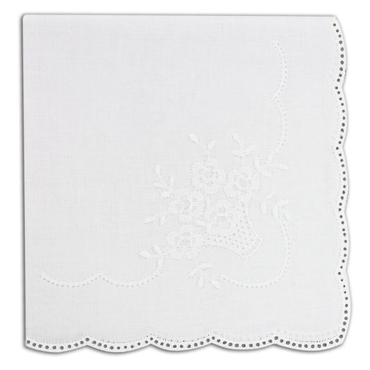 White Cotton Curved Edge Hanky with embroidered basket design hemstitched with holes for attaching Tatted or crocheted edging