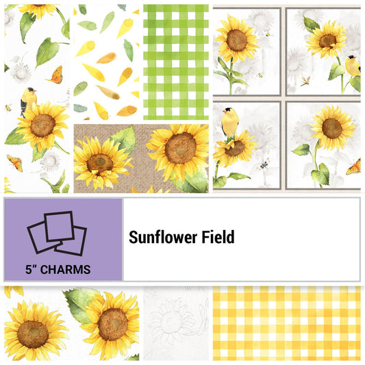 Sunflower Field by P&B Textiles Quilter's Cotton Charm Pack. 42 piece collection of 5 inch squares