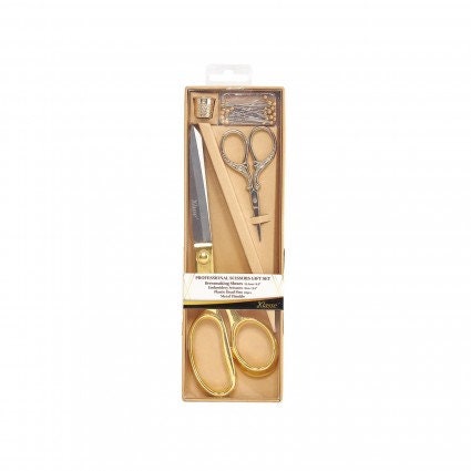 Klasse Dressmaking Shears, Klasse Embroidery Scissors, Metal Thimble, and Pins in glossy gold. Klasse Professional Scissor boxed Gift Set