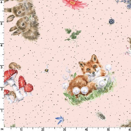 Bramble Patch Tossed Animals in Pink by Maywood Studio designed by Hannah Dale, continuous cuts of Quilter's Cotton Fabric