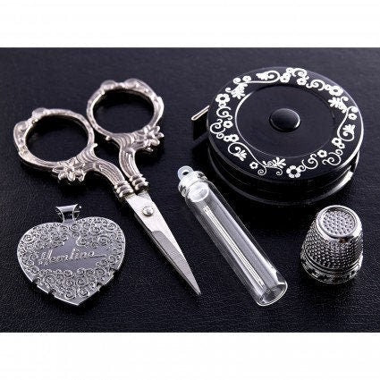 Hemline 5 Piece Antique Silver Colored Sewing Gift Set with Scissors, Tape Measure, Thread Cutter Pendant, Thimble, and Needles