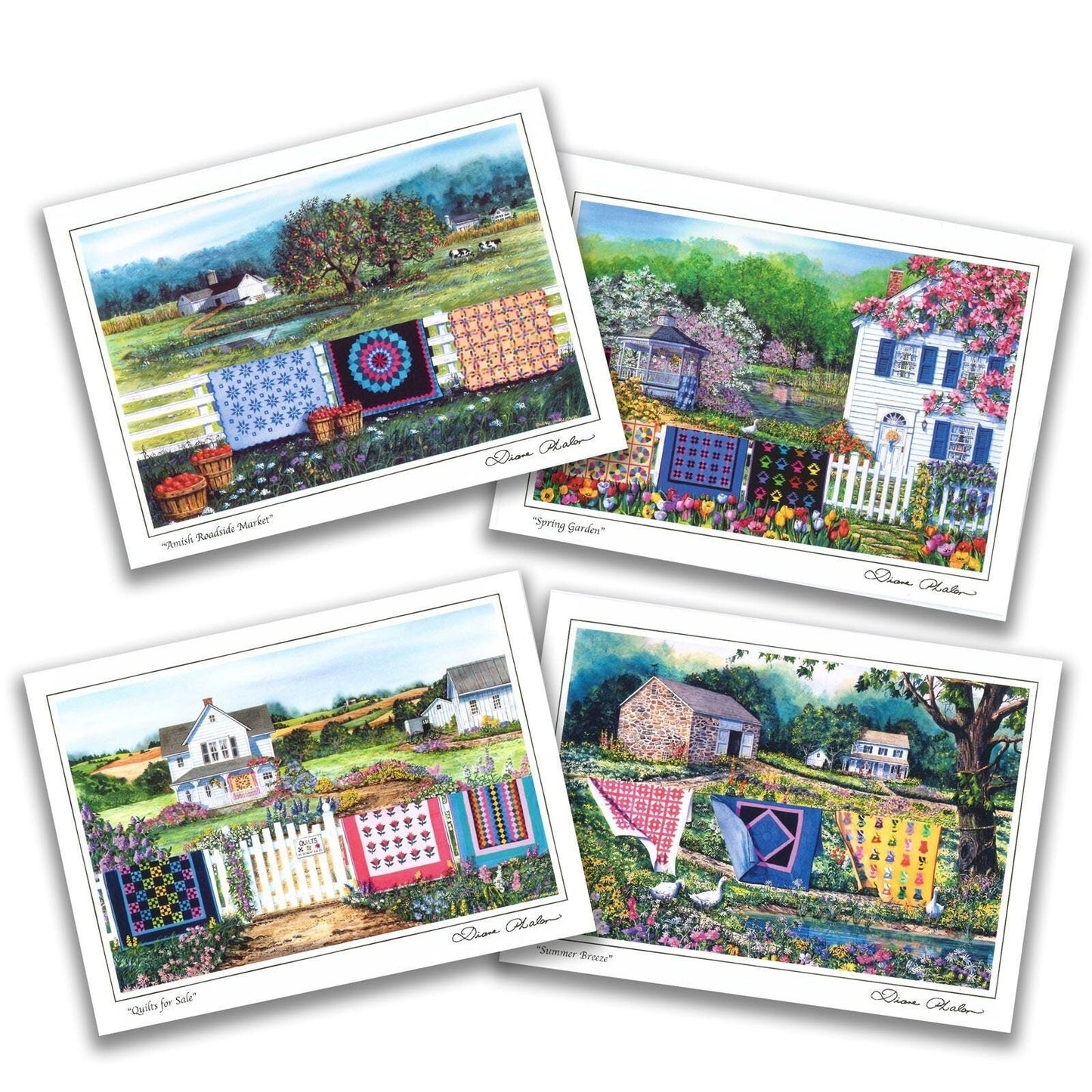 Quilt Themed 8 Note Card Set of Countryside Quilts.  4 different prints by Diane Phalen Watercolors