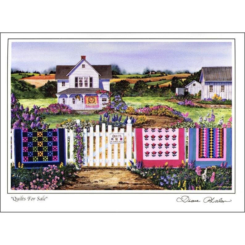 Quilt Themed 8 Note Card Set of Countryside Quilts.  4 different prints by Diane Phalen Watercolors