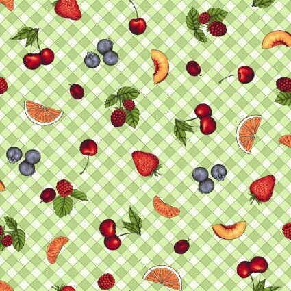 Gingham Fruit in Green by Kris Lammers for Maywood Studio continuous cuts of Quilter&#39;s Cotton Fabric in the Fancy Fruit collection