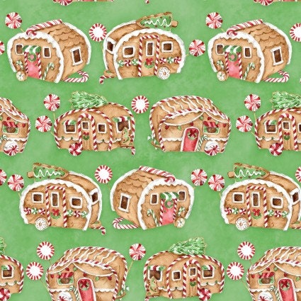 Gingerneering Vintage Campers in Green by 3 Wishes  continuous cuts of Quilter's Cotton Fabric