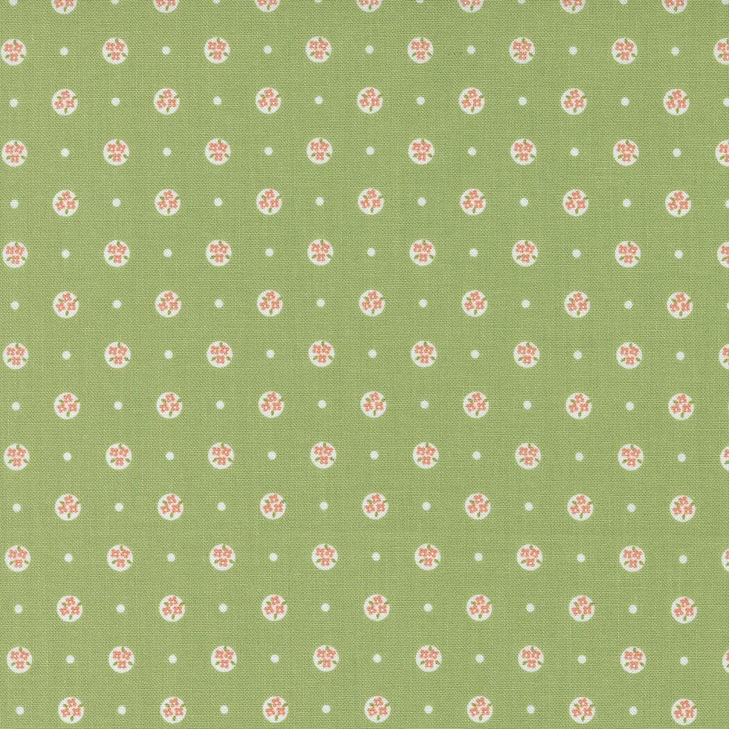 Peachy Keen Posy Polka Blenders in Fern by Corey Yoder for Moda. Continuous cuts of Quilter's Cotton Fabric