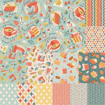 Tossed Baking Patches from the Fresh Baked Collection by P&B Textiles.  Quilter's Cotton Fabric with continuous cuts